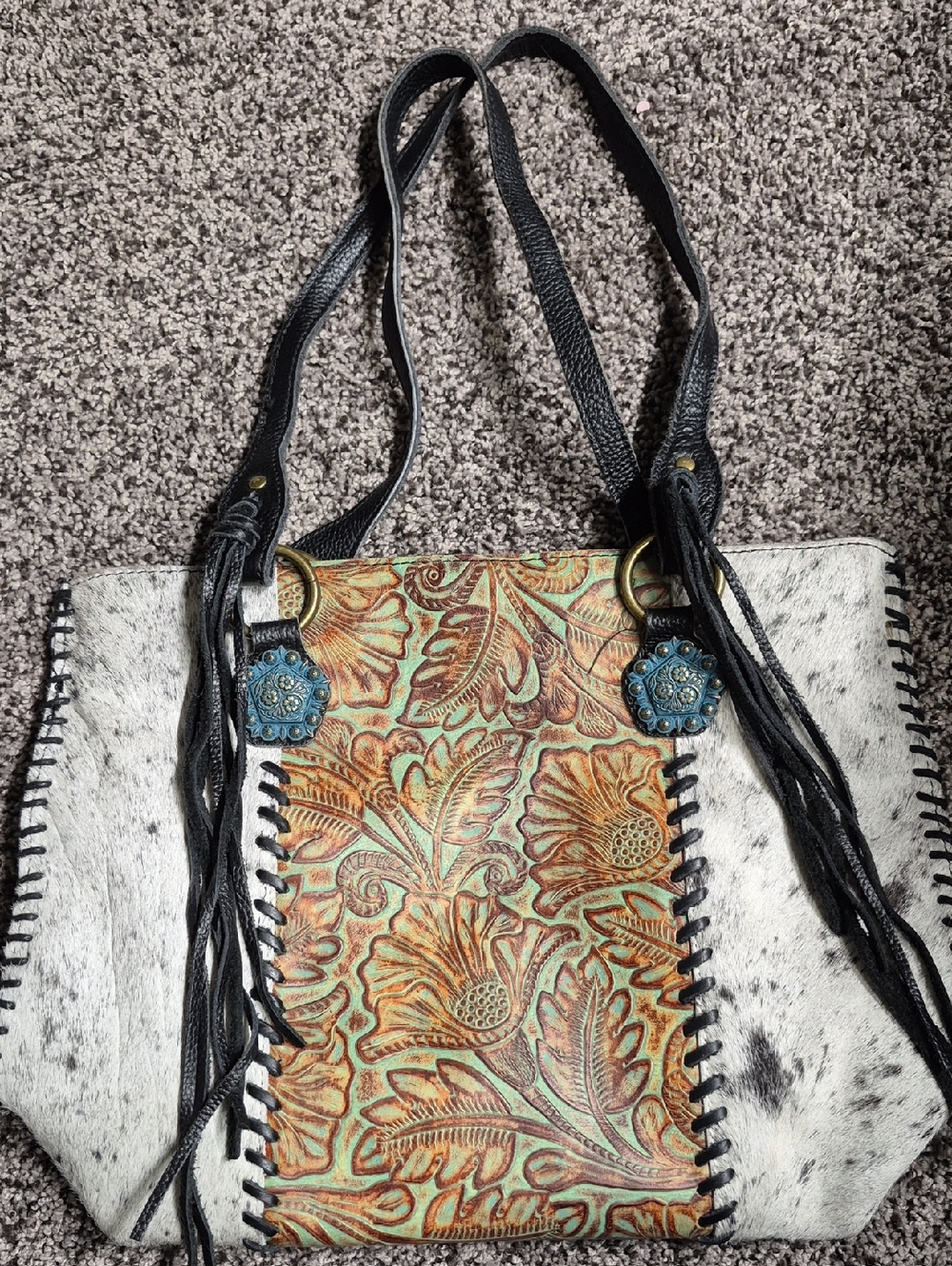 Women's Floral Tooled Leather Tote Bag in Black and Tan